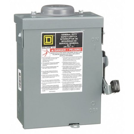 SQUARE D Nonfusible Safety Switch, General Duty, 240V AC, 2PST, 60 A, NEMA 3R DU222RB