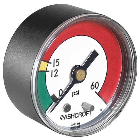 Ashcroft Commercial Pressure Gauge, 0 to 60 psi, 2 in Dial, 1/8 in NPT, Center Back Location 20W1005PH01B 60 PSI