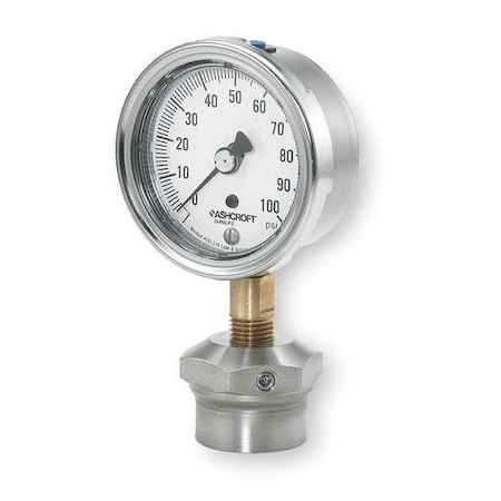 Ashcroft Pressure Gauge with Diaphragm Seal, 0 to 100 psi, 2 1/2 in Dial, 1/4 in NPT, Bottom Location 251009AW02L/310SSLXCG100