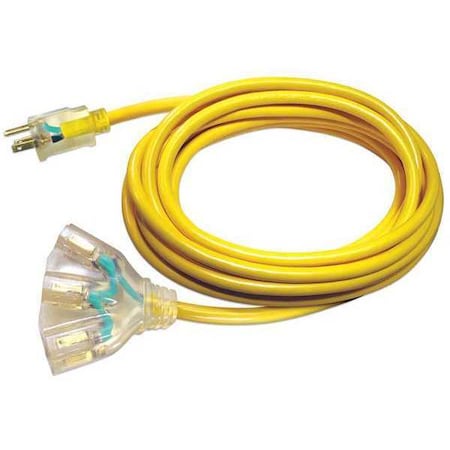 Zoro Select SJTW Extension Cord, 14 AWG, Outdoor, 14/3, 3 Outlets, 5-15R, Yellow, PVC, 5-15P, 50 ft 20FR83ID