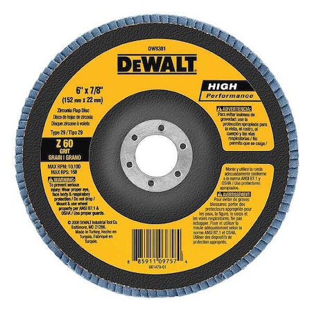 Dewalt 6" x 7/8" 60g type 29 HP flap disc DW8381