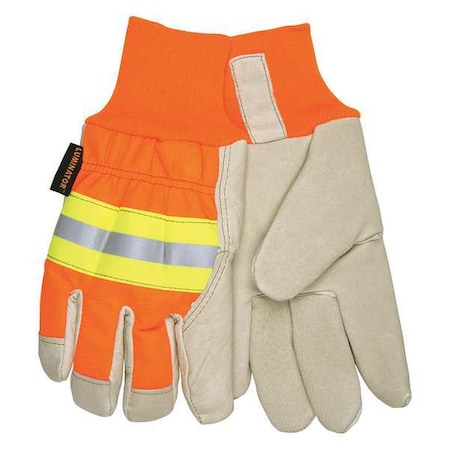 Mcr Safety Leather Gloves, Pigskin Palm, Knit Cuff, Beige Palm, HiVis Orange and Yellow Back, 1 PR 3440XL