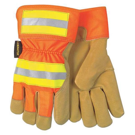 Mcr Safety Leather Gloves, Pigskin, Safety Cuff, Wing Thumb, Full Finger, Gold, HiVis Orange and Yellow, XL 19251XL