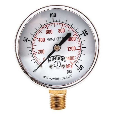 Winters Lead-Free Pressure Gauge, 0 to 200 psi, 2 1/2 in Dial, 1/4 in NPT, Bottom Location PEM216LF