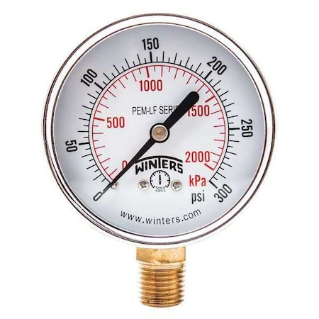 Winters Lead-Free Pressure Gauge, 0 to 300 psi, 2 1/2 in Dial, 1/4 in NPT, Bottom Location PEM217LF