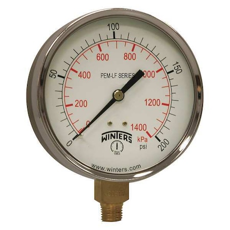 Winters Lead-Free Pressure Gauge, 0 to 200 psi, 4 in Dial, 1/4 in NPT, Bottom Location, Steel Case Material PEM225LF