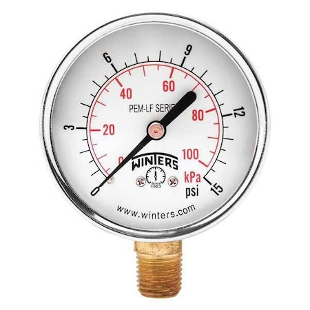 Winters Lead-Free Pressure Gauge, 0 to 160 psi, 2 in Dial, 1/4 in NPT, Bottom Location, Steel Case Material PEM203LF