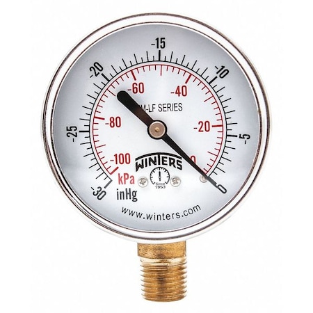 Winters Lead-Free Vacuum Gauge, 30 to 0 psi, 2 1/2 in Dial, 1/4 in NPT, Bottom Location, Steel Case Material PEM210LF