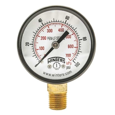 WINTERS Pressure Gauge, 0 to 100 psi, 1/4 in MNPT, Steel, Black PEM202LF