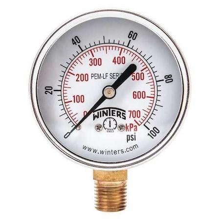 Winters Lead-Free Pressure Gauge, 0 to 100 psi, 2 1/2 in Dial, 1/4 in NPT, Bottom Location PEM214LF