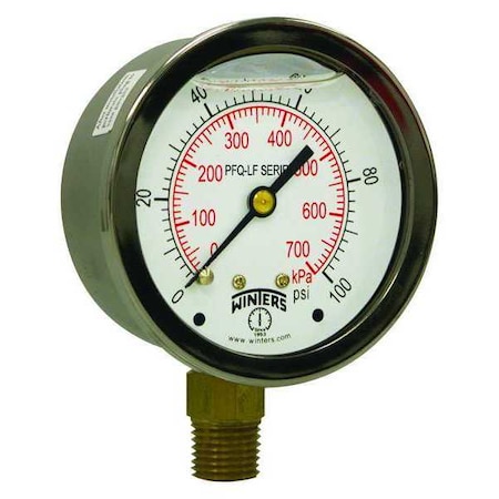 Winters Lead-Free Pressure Gauge, 0 to 100 psi, 2 1/2 in Dial, 1/4 in NPT, Bottom Location PFQ804LF