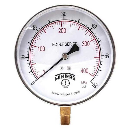 Winters Pressure Gauge, 0 to 60 psi, 4 1/2 in Dial, 1/4 in NPT Bottom Location PCT322LF