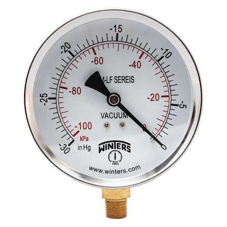Winters Lead-Free Vacuum Gauge, 30 to 0 psi, 4 in Dial, 1/4 in NPT, Bottom Location, Steel Case Material PEM220LF