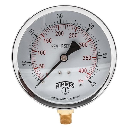 Winters Lead-Free Pressure Gauge, 0 to 60 psi, 4 in Dial, 1/4 in NPT, Bottom Location, Steel Case Material PEM222LF