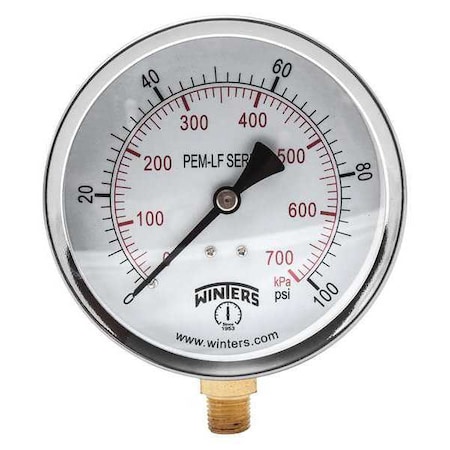 Winters Lead-Free Pressure Gauge, 0 to 100 psi, 4 in Dial, 1/4 in NPT, Bottom Location, Steel Case Material PEM223LF