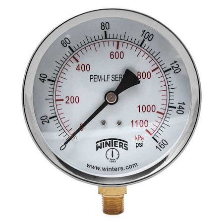 Winters Lead-Free Pressure Gauge, 0 to 160 psi, 4 in Dial, 1/4 in NPT, Bottom Location, Steel Case Material PEM224LF