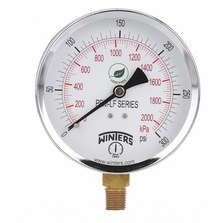 Winters Lead-Free Pressure Gauge, 0 to 300 psi, 4 in Dial, 1/4 in NPT, Bottom Location, Steel Case Material PEM226LF