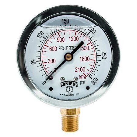 Winters Lead-Free Pressure Gauge, 0 to 300 psi, 2 1/2 in Dial, 1/4 in NPT, Bottom Location PFQ807LF