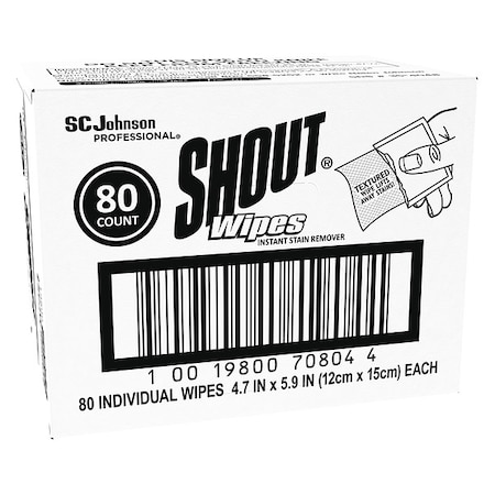 SHOUT Stain Treater Wipes, White, Packet, Paper, 80 Wipes, 6 in x 4 3/4 in, Lemon 686661