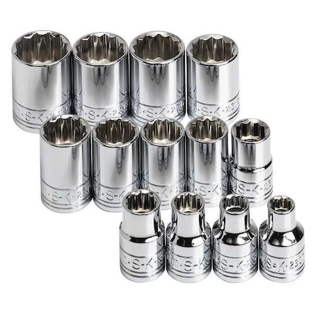 Sk Professional Tools 3/8" Drive Socket Set Metric 13 Pieces 7 mm to 19 mm , Chrome, Skt St, Chrm, 10-19 mm, 6Pt 89023