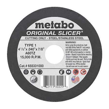 METABO Abrasive Cut-Off Wheel, Type 1, 4 1/2 in x 0.04 in x 7/8 in, Aluminum Oxide, 60 Grit, A60TZ 655331000