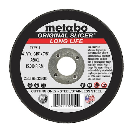Metabo Abrasive Cut-Off Wheel, Type 1, 4 1/2 in Dia, 0.045 in Thick, 7/8 in Arbor Hole Size, 60 Grit 655332000