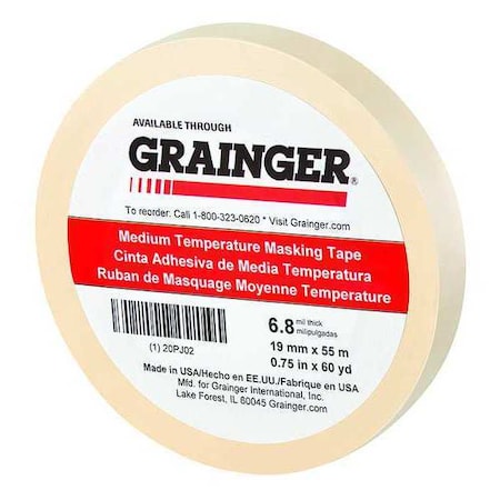 Zoro Select Painter's Tape, 3/4 in W x 60 yd L, 6.8 mil Thick, Tan, Rubber Adhesive 20PJ02