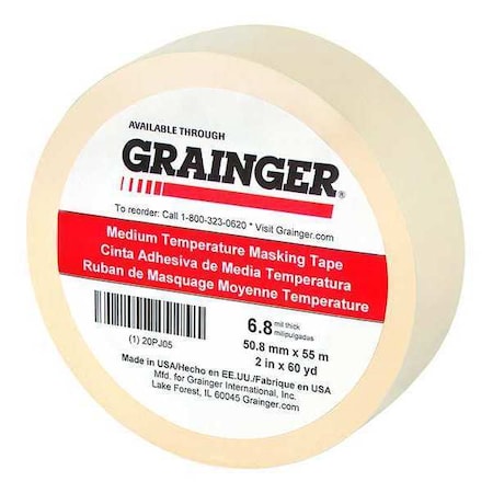 Zoro Select Painter's Tape, 2 in W x 60 yd L, 6.8 mil Thick, Tan, Rubber Adhesive 20PJ05