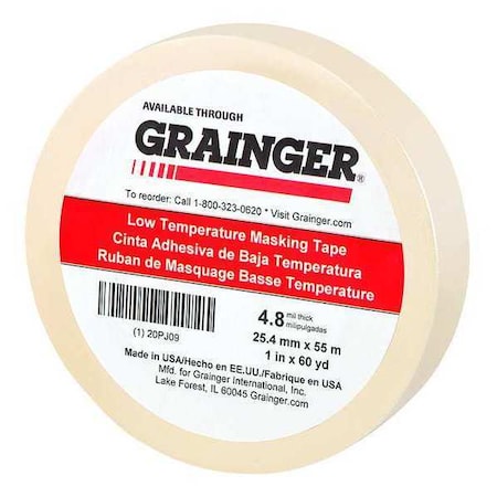 Zoro Select Masking Tape, 1 in W x 60 yd L, 4.8 mil Thick, Tan, Rubber Adhesive 20PJ09