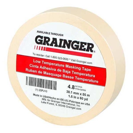 Zoro Select Masking Tape, 1 1/2 in W x 60 yd L, 4.8 mil Thick, Tan, Rubber Adhesive 20PJ10