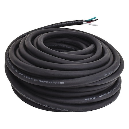 Zoro Select Portable Cord, SJOOW, 10 AWG, 4 C, Black, Rubber, Stranded, 300V, Indoor/Outdoor, 100 ft E3634