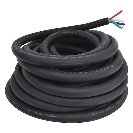 Zoro Select Portable Cord, SOOW, 8 AWG, 4 C, Black, Rubber, Stranded, 600V, Indoor/Outdoor, 50 ft E3666