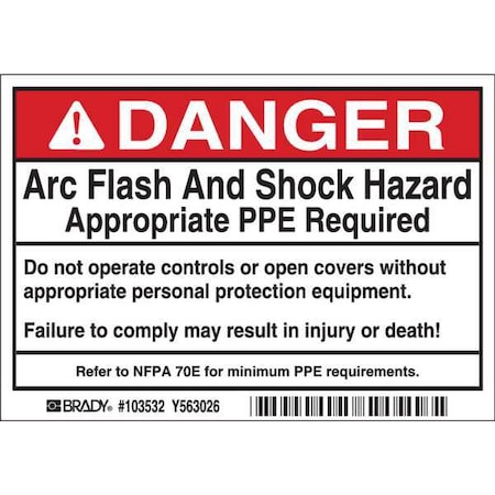 BRADY Arc Flash Protect. Lbl, 3-1/2inHx5inW, PK5 103532