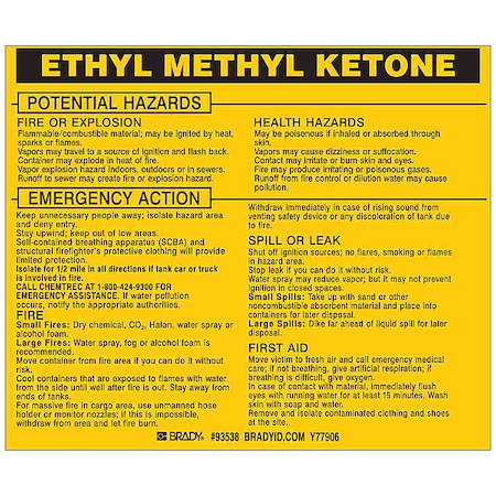 Brady Chemical Label, 3 3/4 in H, 4 1/2 in W, 93538, PK25 93538