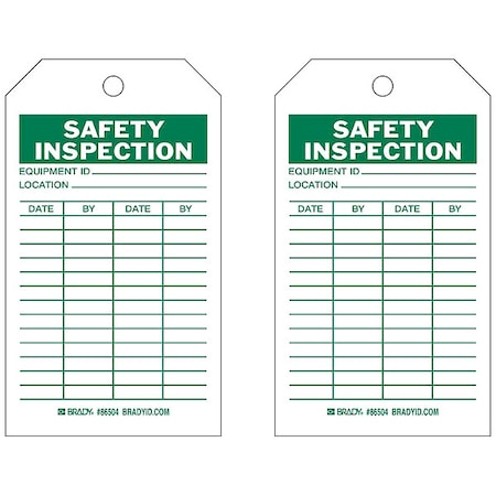 Brady Tag, Safety, Heavy Duty Polyester, 7 in H x 4 in W, Green on White, Rectangle, 10 PK 86504