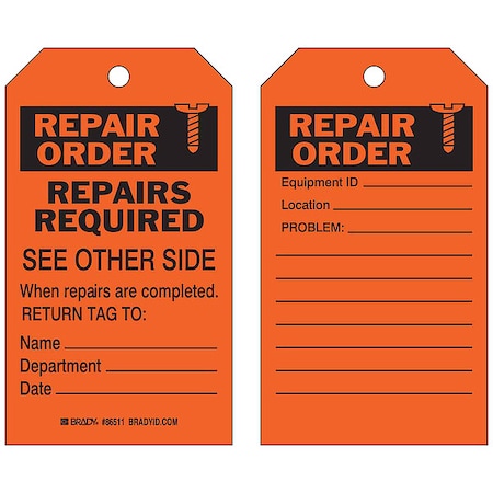 Brady Tag, Maintenance, Heavy Duty Polyester, 7 in H x 4 in W, Black on Orange, Rectangle, 10 PK 86511