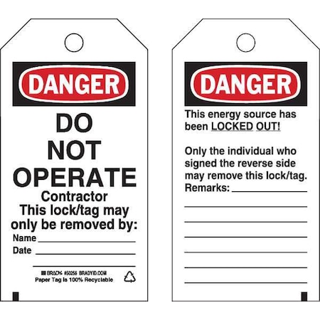 Brady Danger Tag, Cardstock, 5 3/4 in H x 3 in W, Rectangle, 25 PK 50256