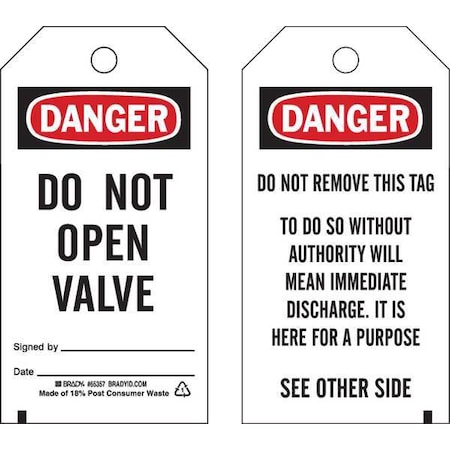 Brady Danger Tag, Accident Prevention, 5 3/4 in H x 3 in W, 25 PK 65357