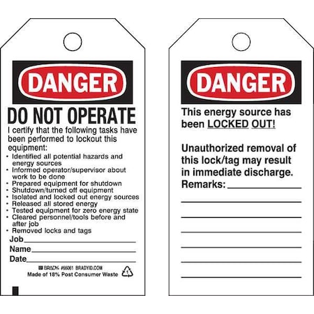 Brady Danger Tag, Cardstock, 5 3/4 in H x 3 in W, Rectangle, 25 PK 65449