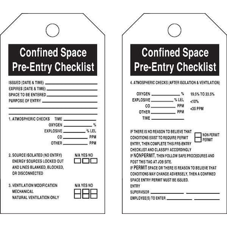 Brady Safety Tag, Confined Space, Cardstock, 5 3/4 in H x 3 in W, Black, White, Rectangle, 25 PK 65457