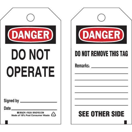 Brady Danger Tag, Polyester, 5 1/2 in H x 3 in W, Rectangle, 25 PK 76226