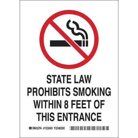 BRADY No Smoking Sign, 7" H, 5 in W, Rectangle, English, 123051 123051