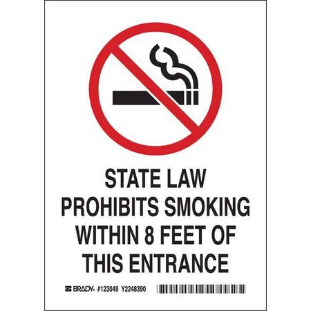Brady No Smoking Sign, 10" H, 7 in W, Polyester, Rectangle, English, 123053 123053