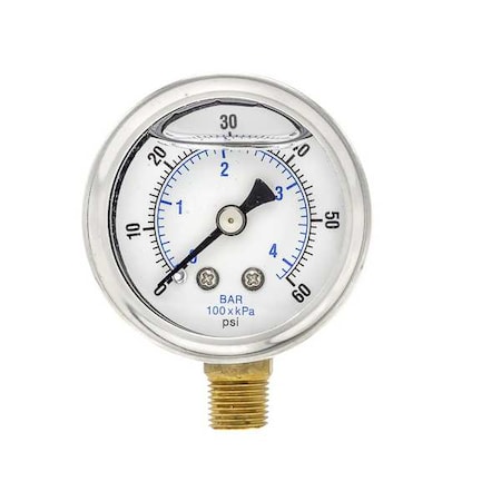 Pic Gauges Industrial Pressure Gauge, 0 to 60 psi, 1 1/2 in Dial, 1/8 in NPT, Bottom Location 201L-158D