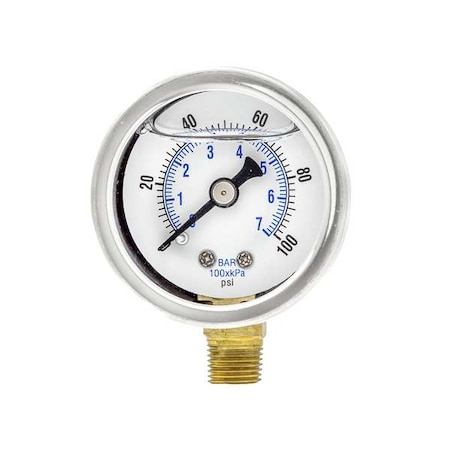Pic Gauges Industrial Pressure Gauge, 0 to 100 psi, 1 1/2 in Dial, 1/8 in NPT, Bottom Location 201L-158E