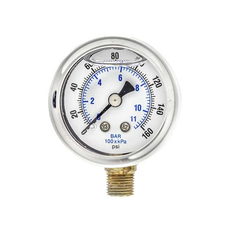 Pic Gauges Industrial Pressure Gauge, 0 to 160 psi, 1 1/2 in Dial, 1/8 in NPT, Bottom Location 201L-158F