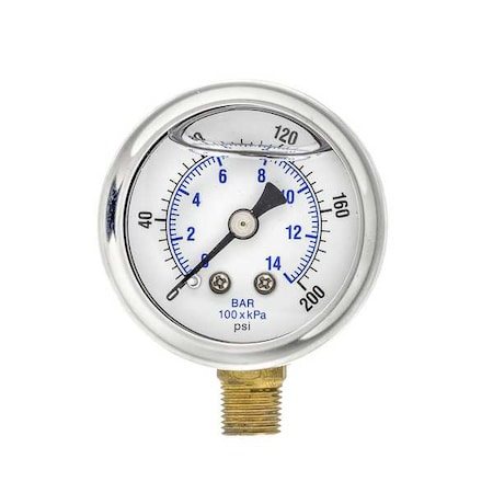 Pic Gauges Industrial Pressure Gauge, 0 to 200 psi, 1 1/2 in Dial, 1/8 in NPT, Bottom Location 201L-158G