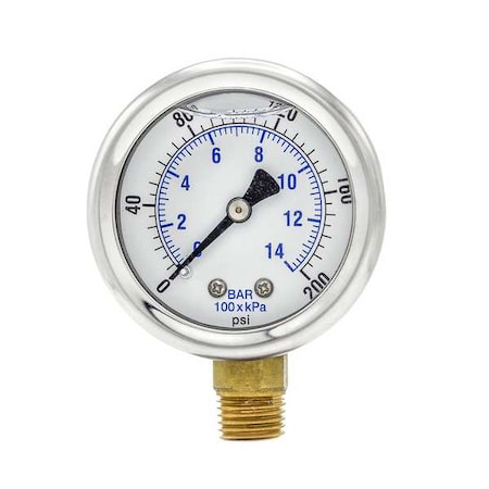 PIC GAUGES Pressure Gauge, 0 to 200 psi, 1/4 in MNPT, Stainless Steel, Silver 201L-204G