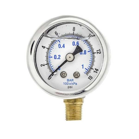 Pic Gauges Industrial Pressure Gauge, 0 to 15 psi, 1 1/2 in Dial, 1/8 in NPT, Bottom Location 201L-158B