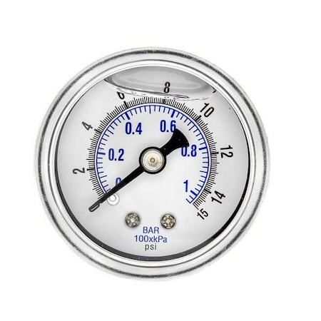 Pic Gauges Industrial Pressure Gauge, 0 to 15 psi, 1 1/2 in Dial, 1/8 in NPT, Center Back Location 202L-158B